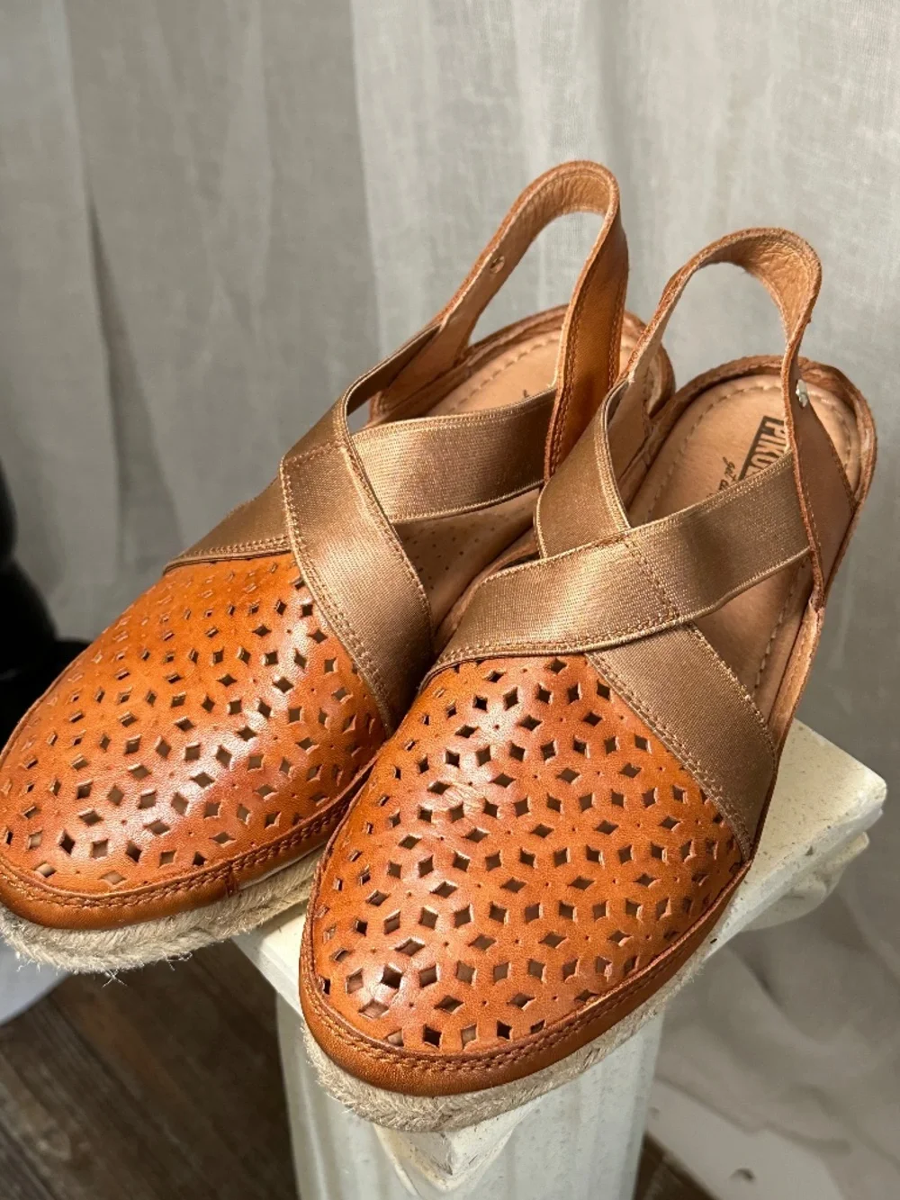 PIKOLINOS Brown Leather Wedge Elastic Espadrille Benidorm size 38 EU 7.5/8 US